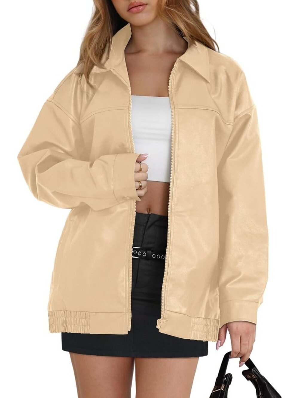 Women's Khaki Oversized Moto Biker Fall Winter Faux Suede Leather Causal Jacket